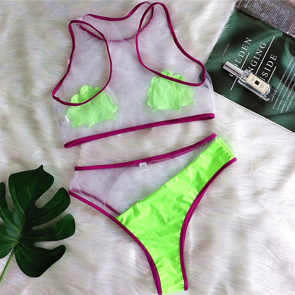 Solid Color Shell Sexy Hollow Mesh Swimwear